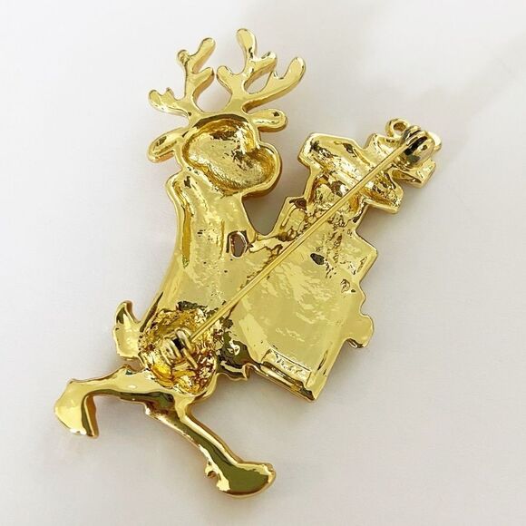 Vintage AJC gold reindeer Christmas present brooch pin - Picture 2 of 5